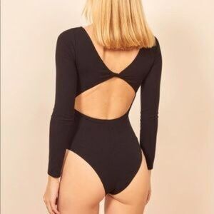 Black Open Twisted Back Ribbed Bodysuit Reformation Boomer Long Sleeve Size L